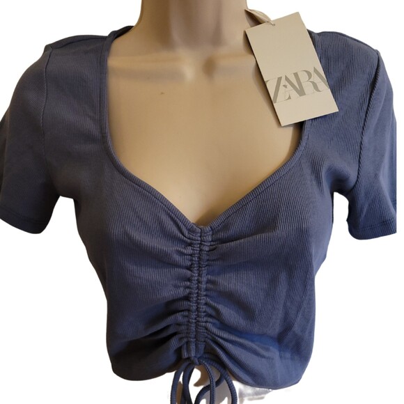 Zara NWT Blue Sweetheart/V-Neck Ruched Short Sleeve Crop Top Size Large - Picture 1 of 2
